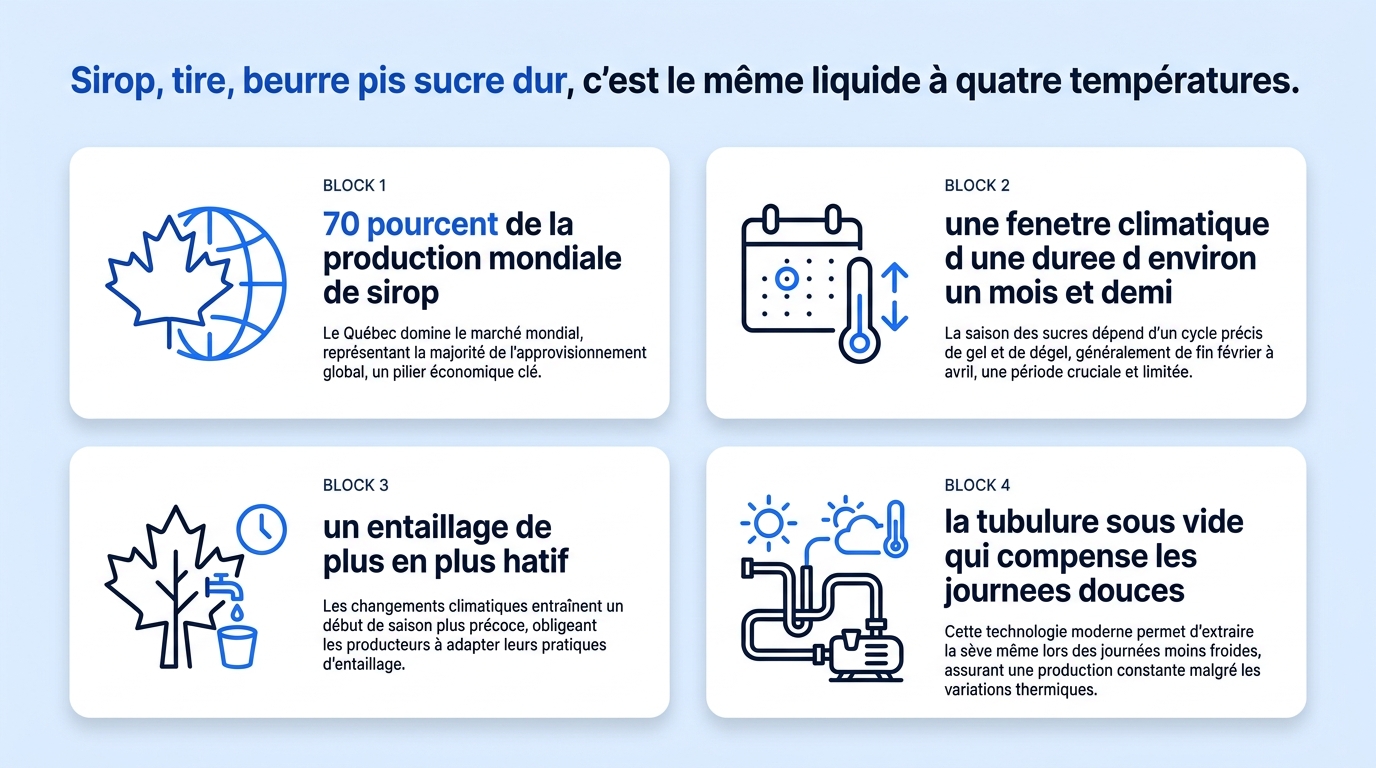 Érablière en activité pendant le temps des sucres avec tubulure bleue entre les arbres