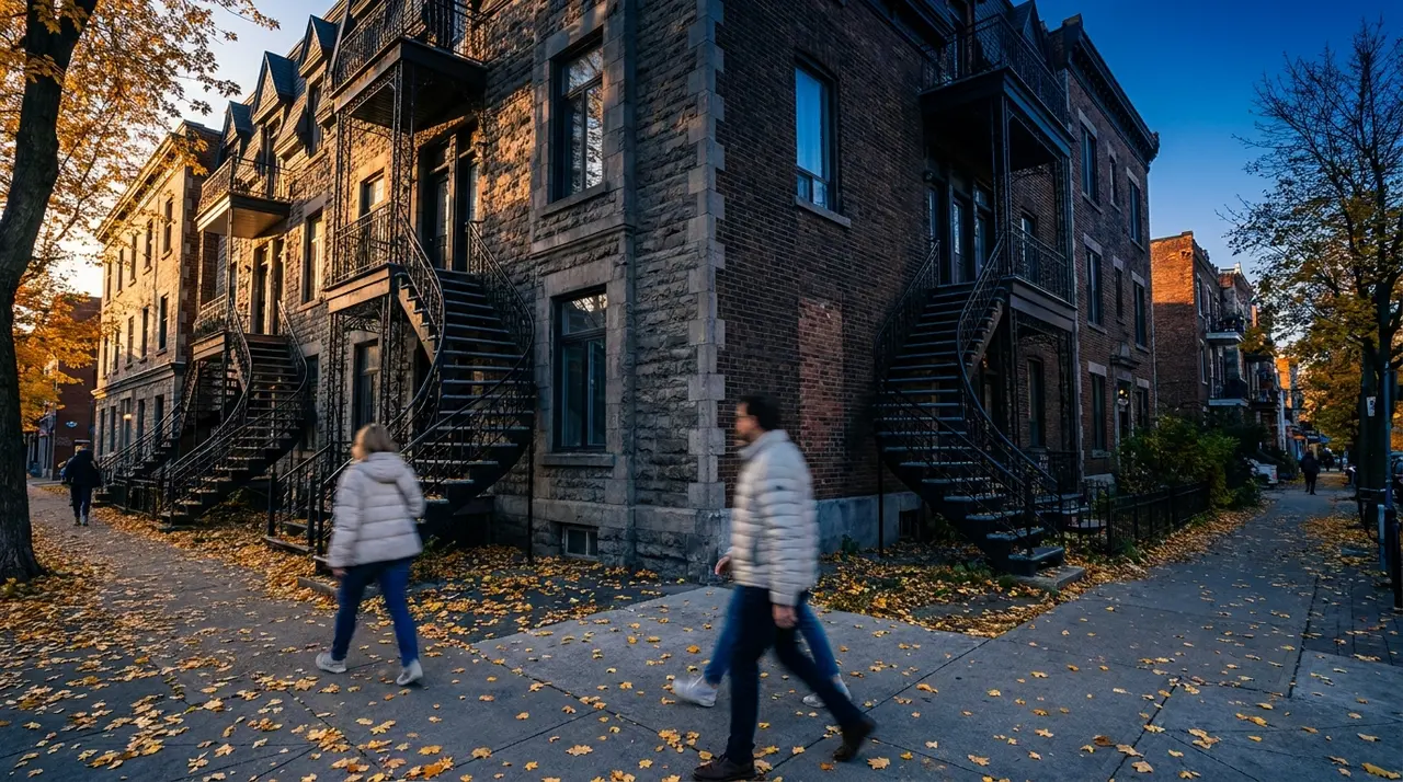 Rues résidentielles du Mile End à Montréal, avec triplex de brique et escaliers extérieurs