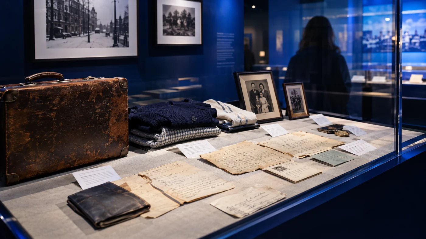 Vitrine d'objets personnels et de documents d'archives exposés au Musée de l'Holocauste Montréal
