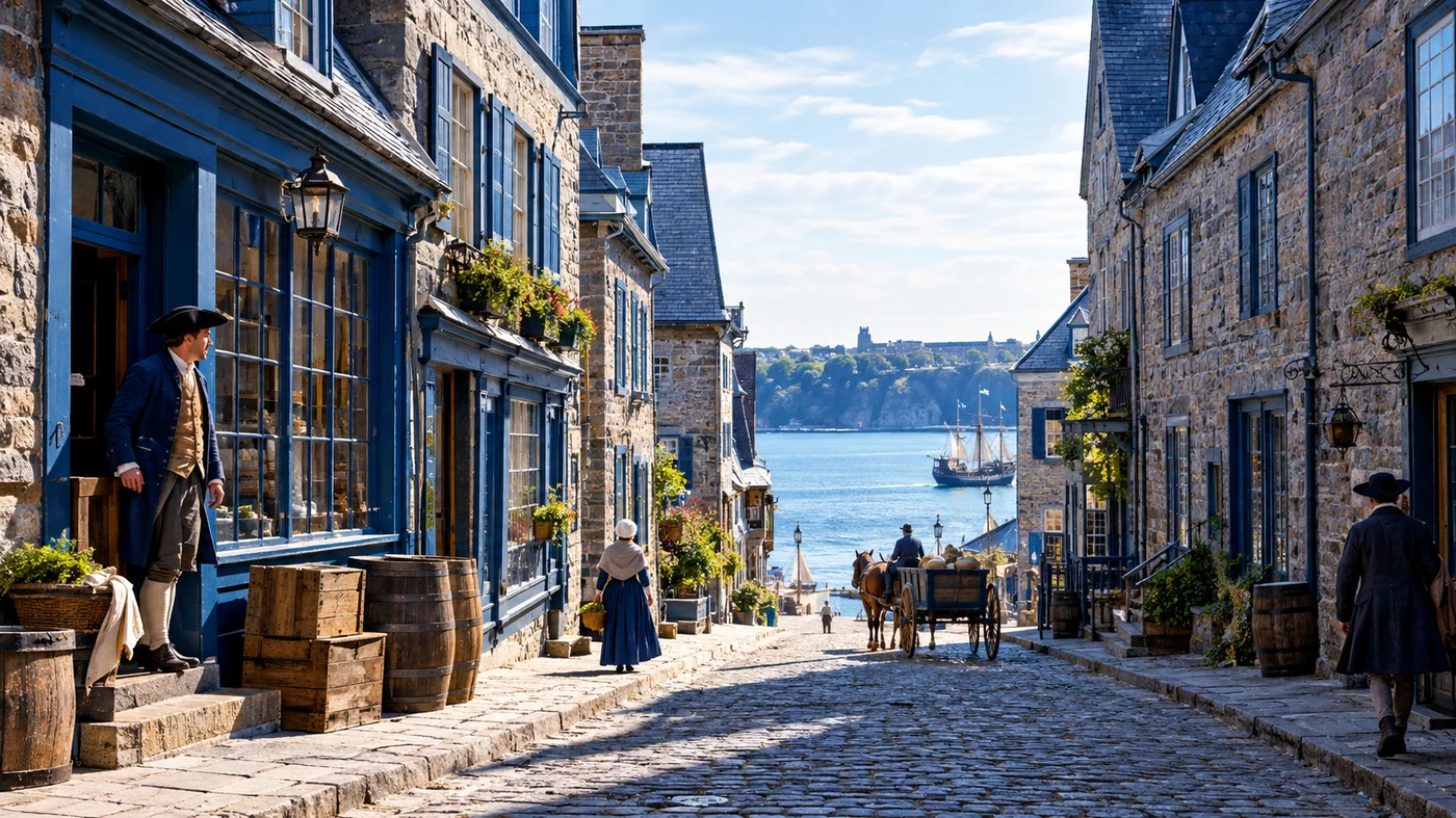Rue historique du Vieux-Québec évoquant l'arrivée des premiers marchands après 1760