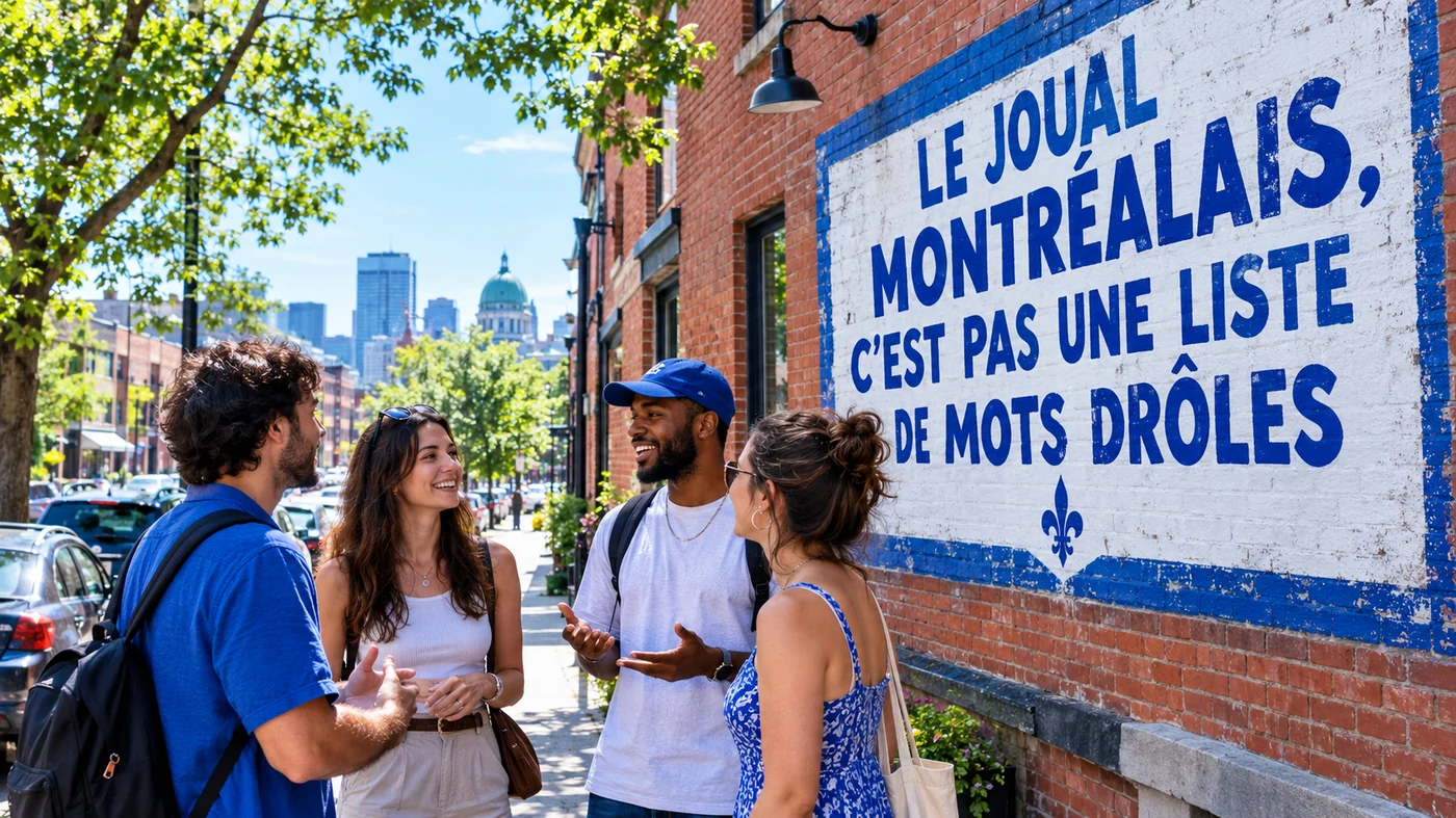 Terrasse animée à Montréal où des passants discutent en français avec l'accent local