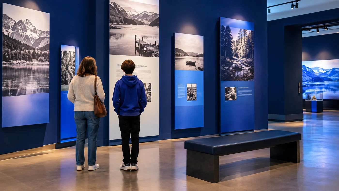 Parent et adolescent devant un panneau explicatif dans une salle du Musée de l'Holocauste Montréal