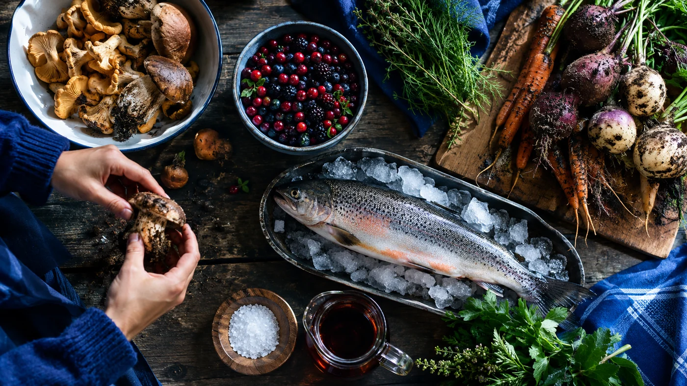 Ingrédients du terroir québécois - champignons sauvages, petits fruits boréaux et légumes racines